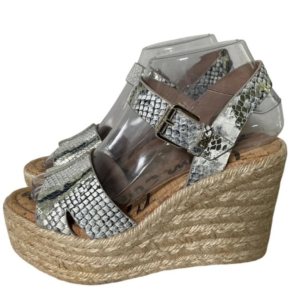 Sam Edelman Maura Snakeskin Platform Wedge Espadrille Sandals White Black 6M